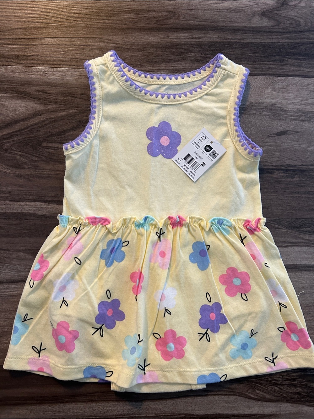 Yellow Floral Tank One-Piece Bodysuit with Purple Trim